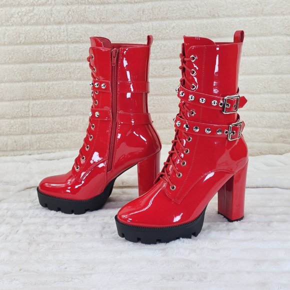 Bright Red Patent Lug Sole Studded Strap Ankle Boots Temptress - Picture 4 of 11